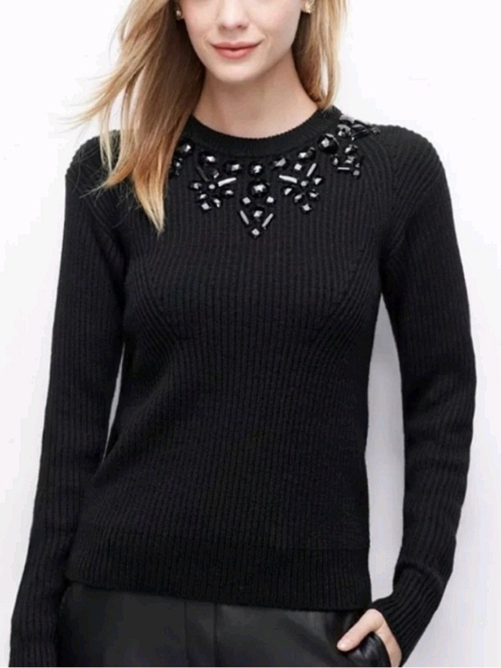 Ann Taylor Black Jewel Embellished Viscose-Wool Blend Ribbed Sweater M
